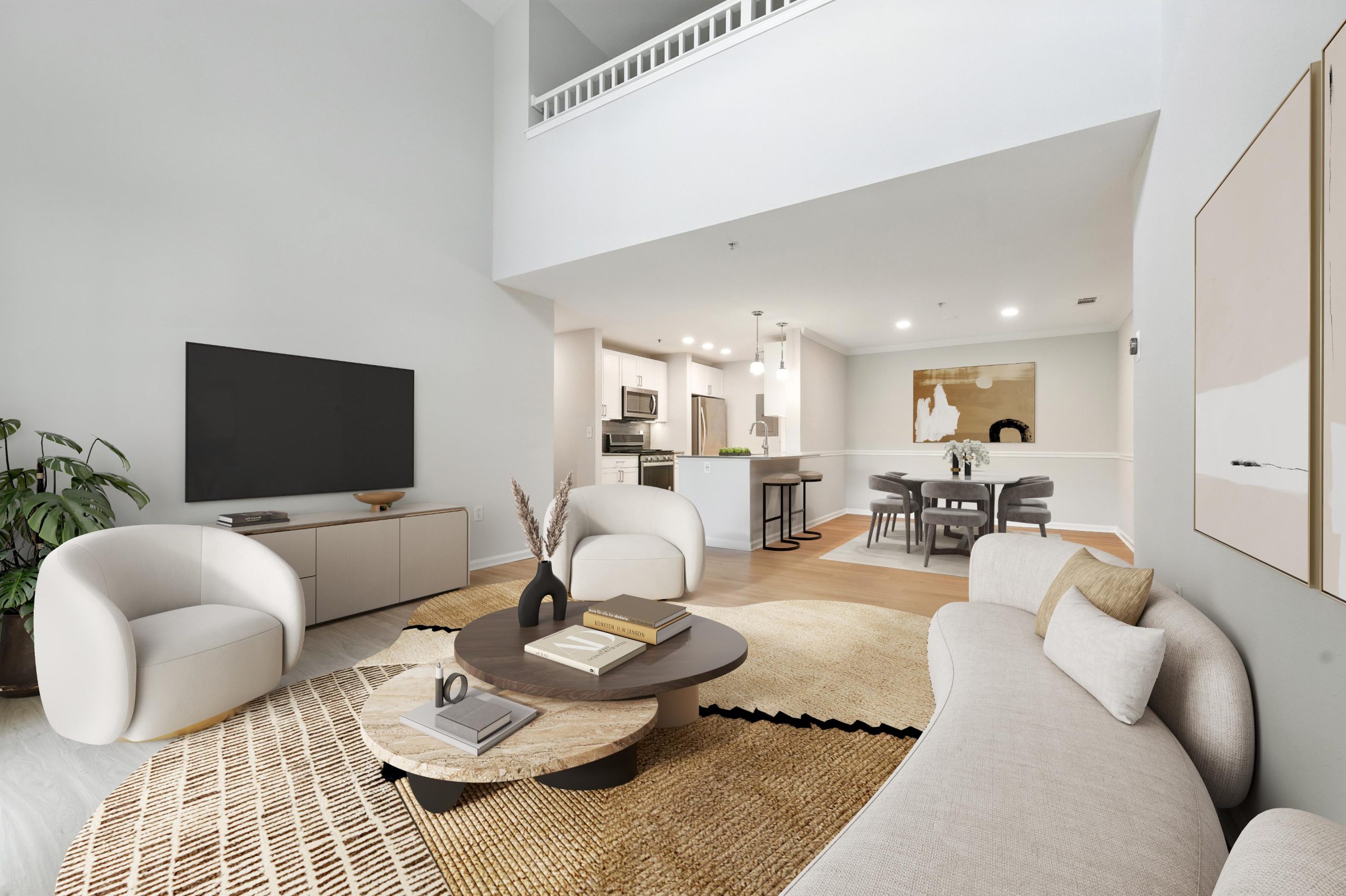 Living room with view of kitchen and dining room